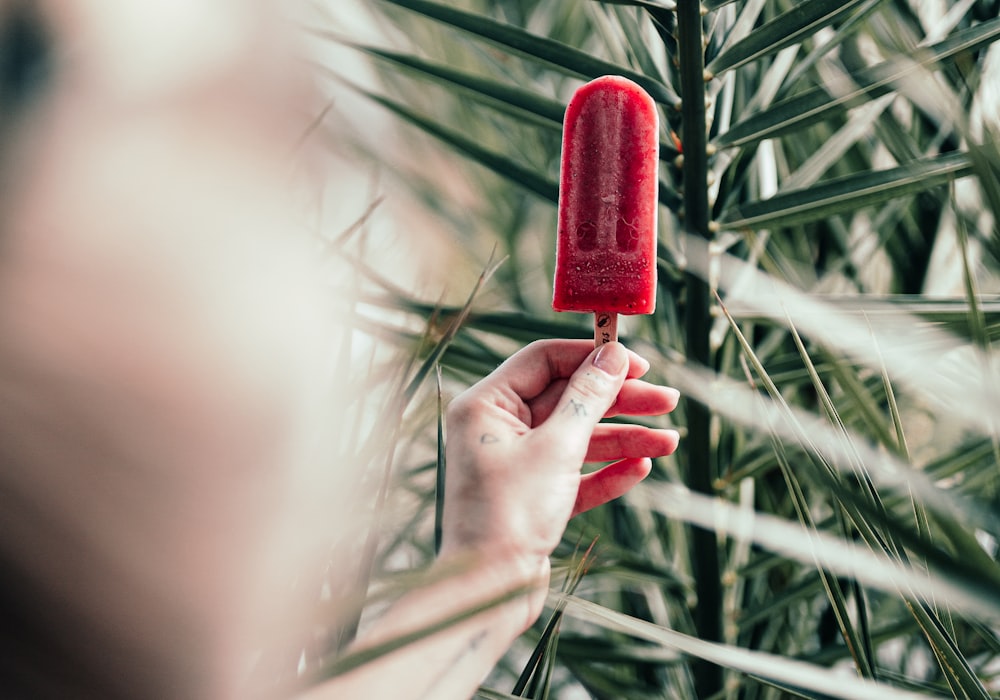 person holding red ice pop