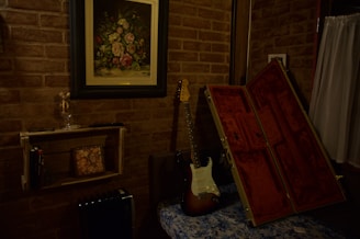 A cozy scene of hobbies, featuring art supplies, musical instruments, and outdoor gear.