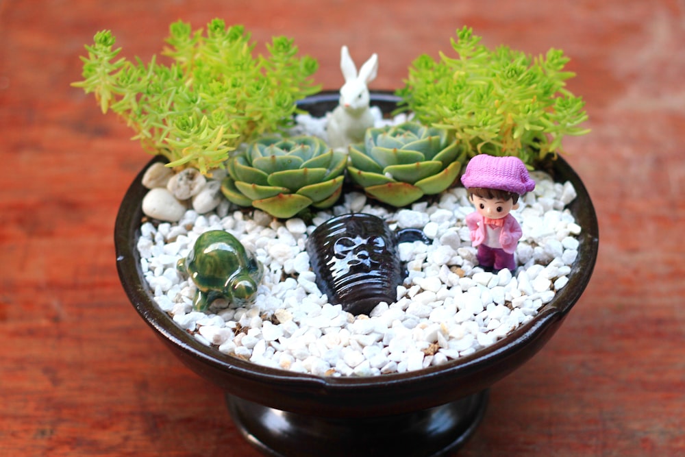 green and purple flowers on black ceramic bowl