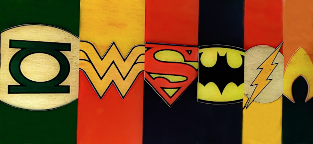 A series of six vertical panels, each displaying a different superhero emblem. These include a green lantern, a golden 'W' on a red backdrop, a red 'S' shield on yellow, a black bat symbol on yellow, a yellow lightning bolt on red, and a gold arrowhead-like emblem on an orange background.