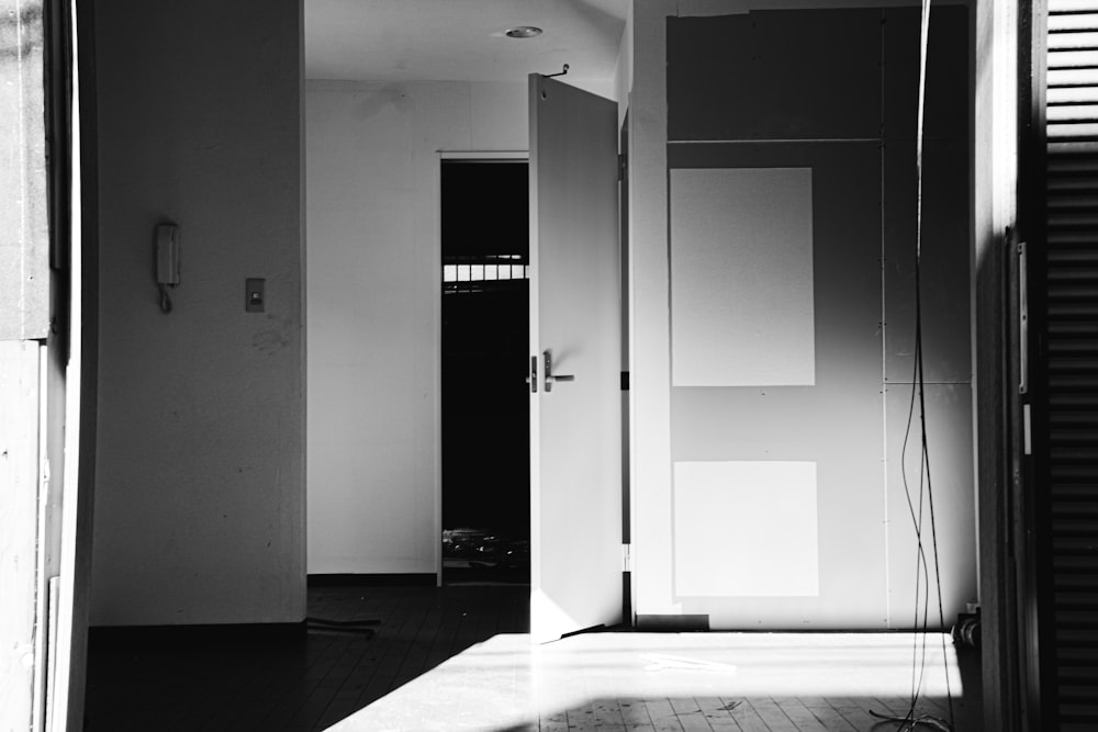 grayscale photo of white wooden door