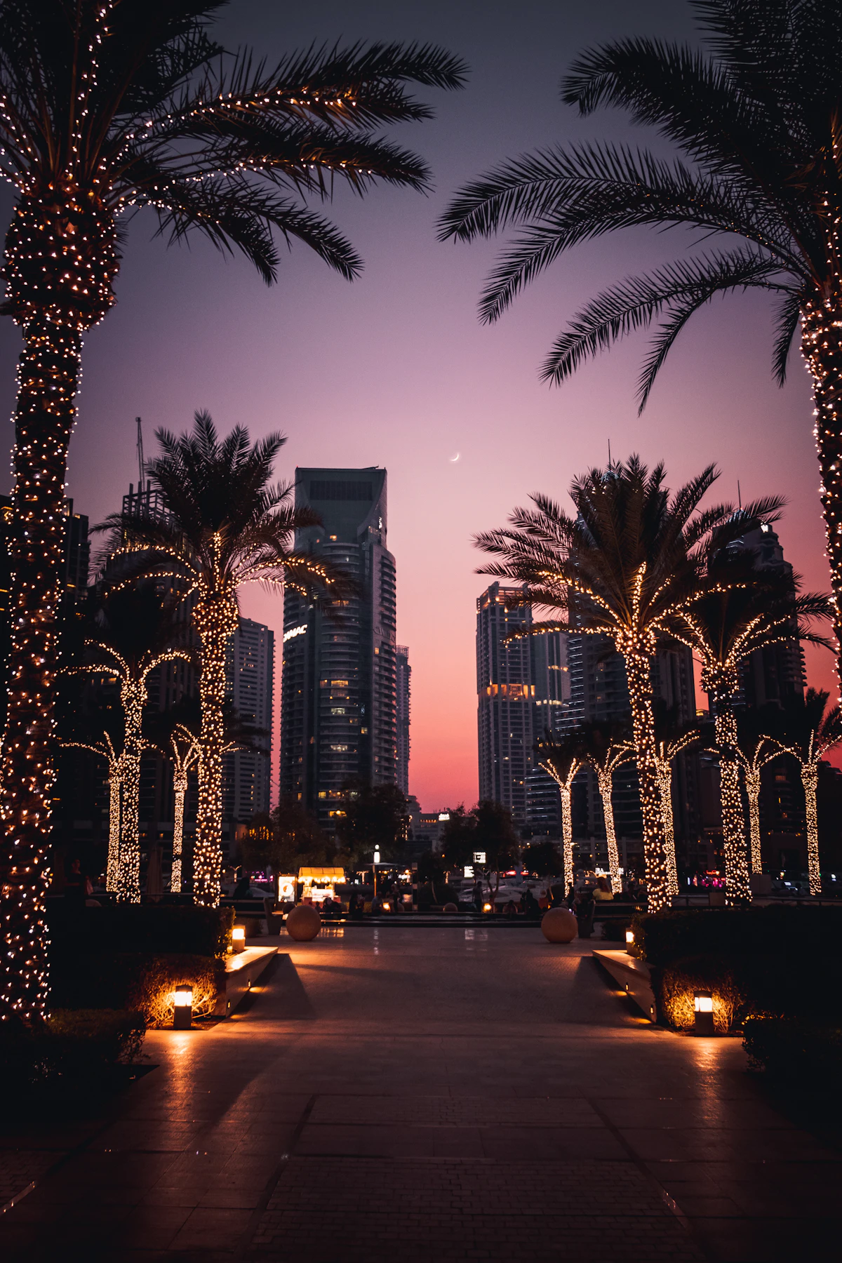 Illuminated skyscrapers at Dubai Marina on an evening