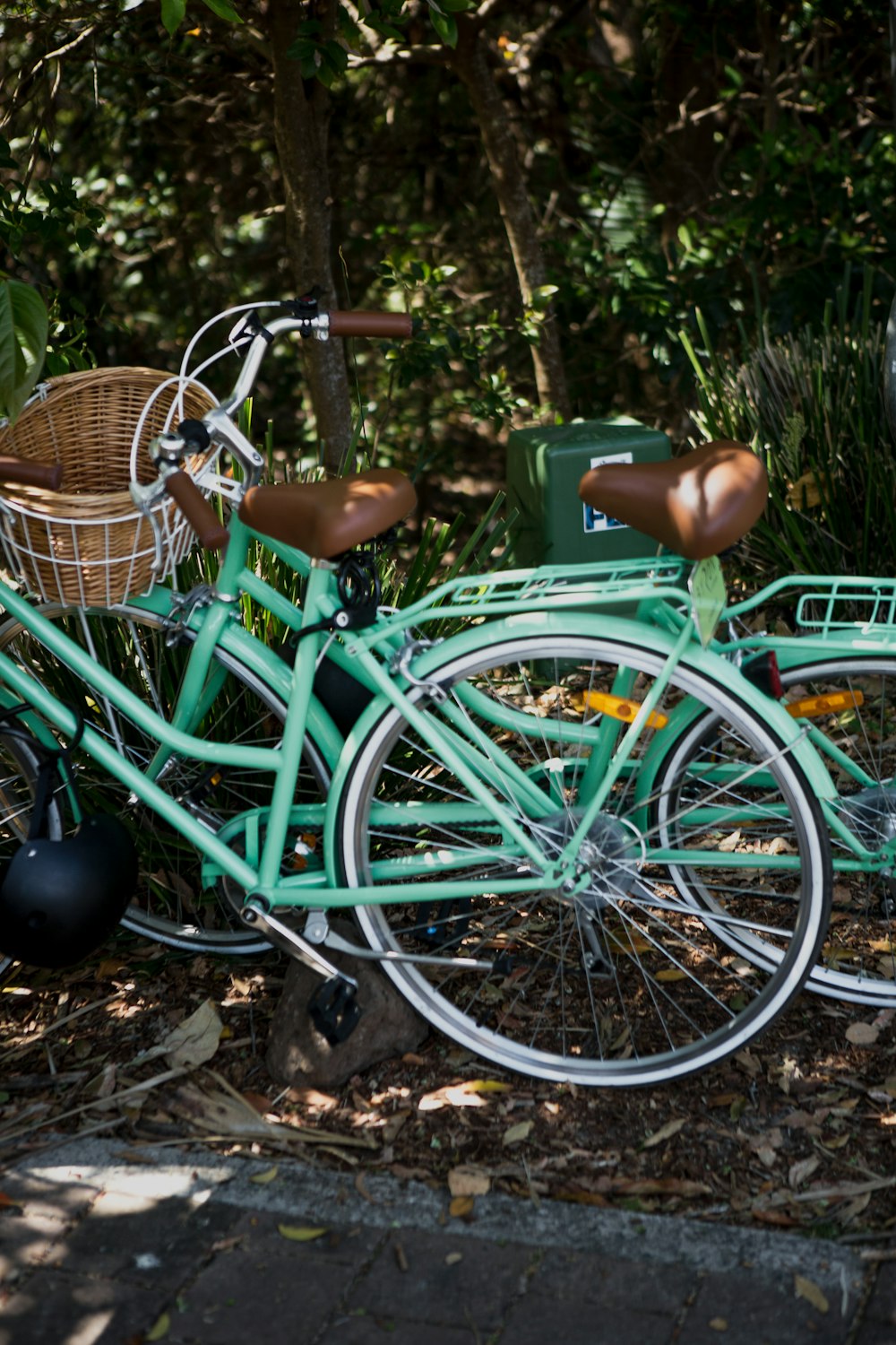 낮에는 녹색 식물 옆에 주차 된 블루 시티 자전거