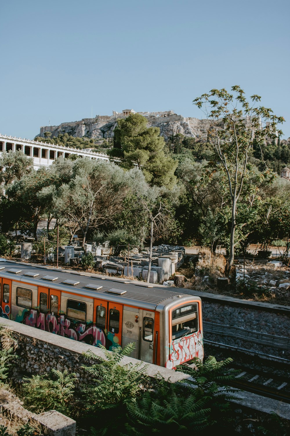 white and red train on rail tracks near green trees during daytime