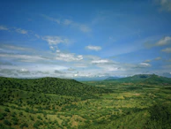 A wide shot of the sprawling 100-acre ranch with rolling hills and open skies.