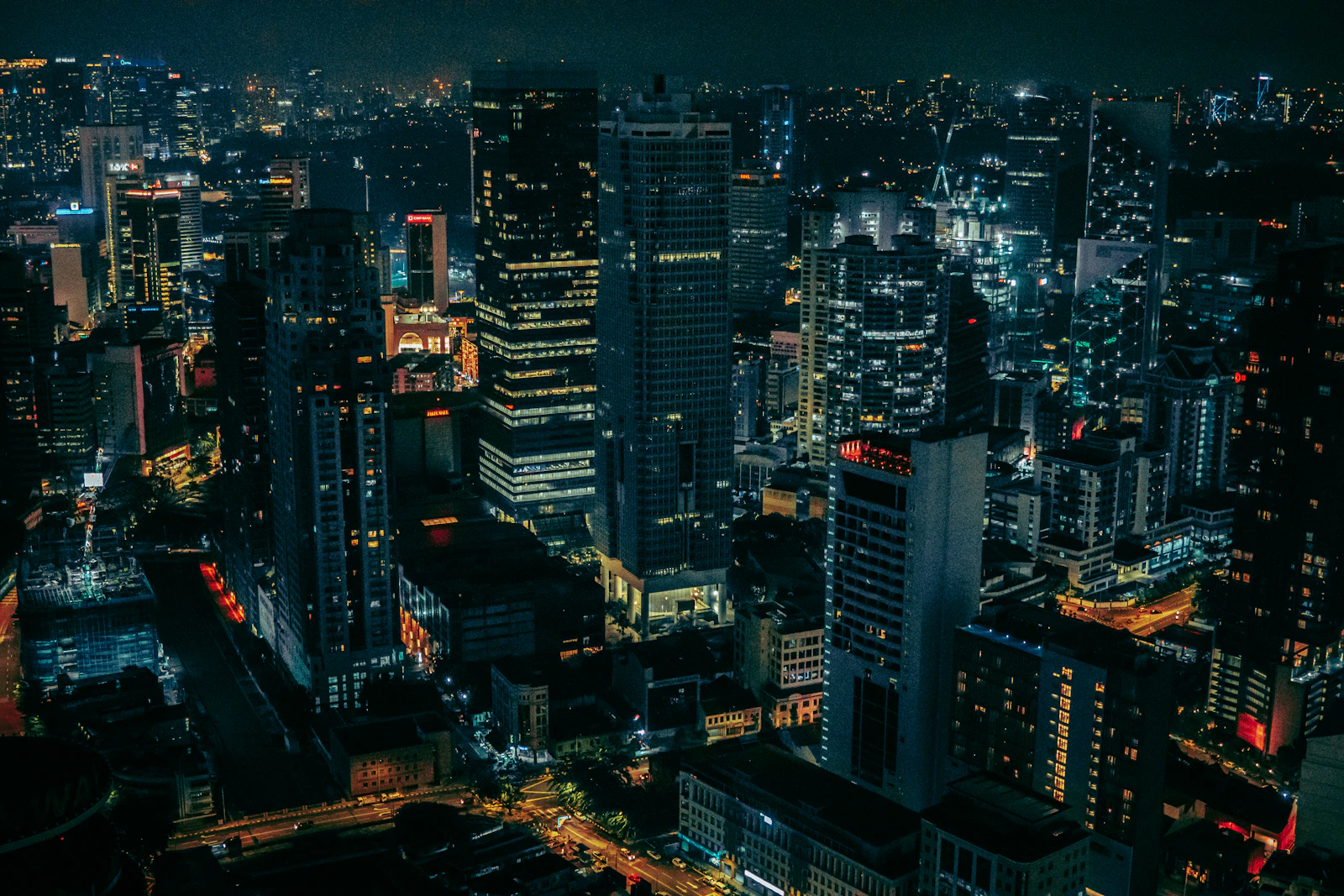 Aerial night view of city energy infrastructure