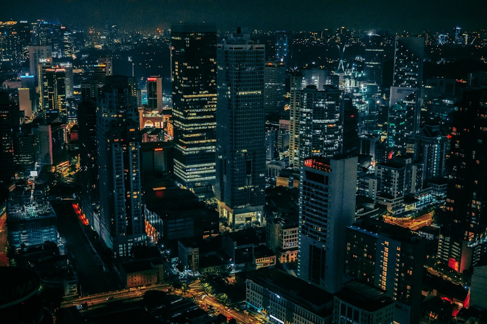 aerial view of city buildings during night time