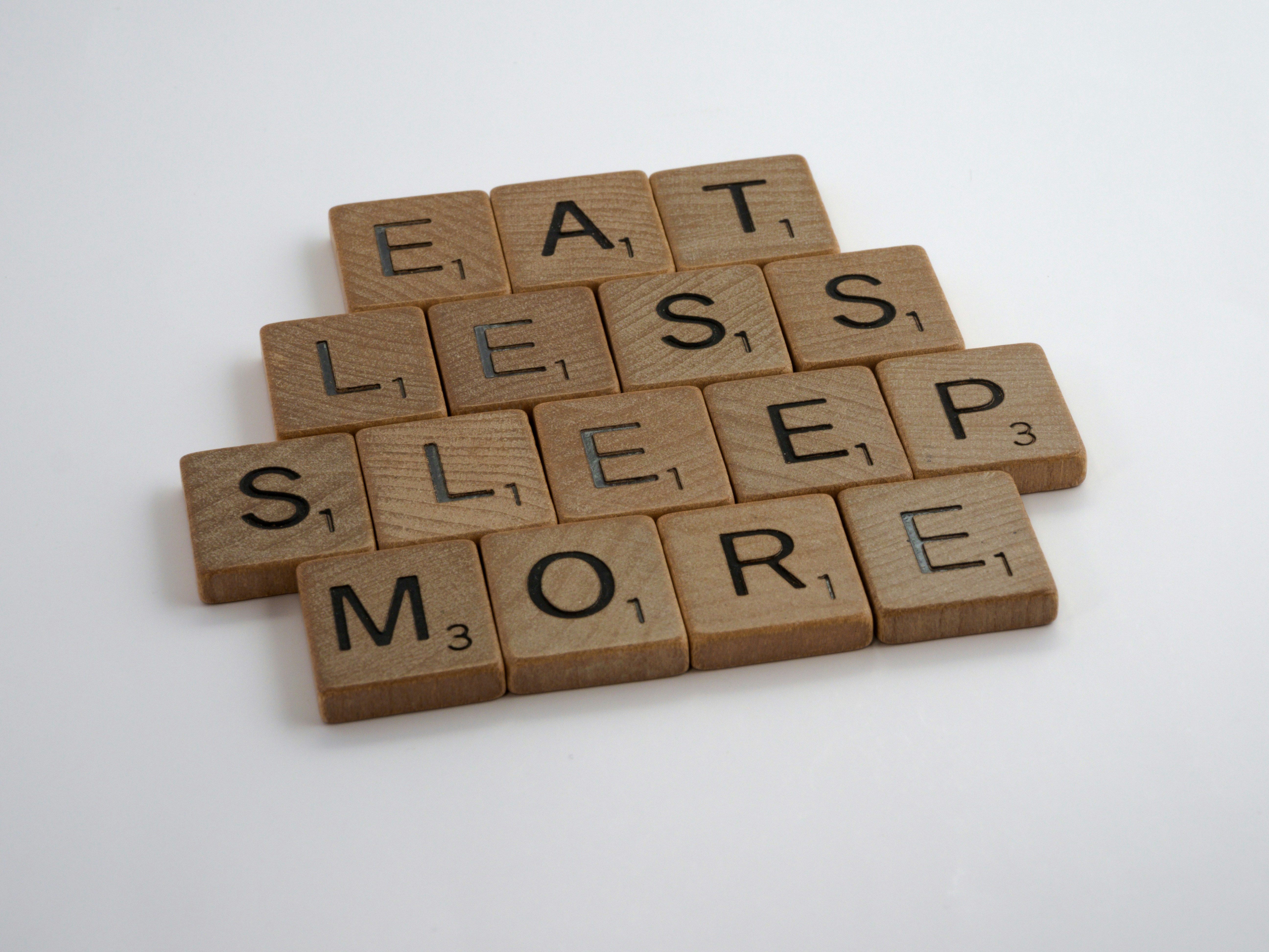 scrabble, scrabble pieces, lettering, letters, wood, scrabble tiles, white background, words, quote, sleep, eat, nutrition, balanced lifestyle, health, healthy, diet, healthy living, balance, weight loss,