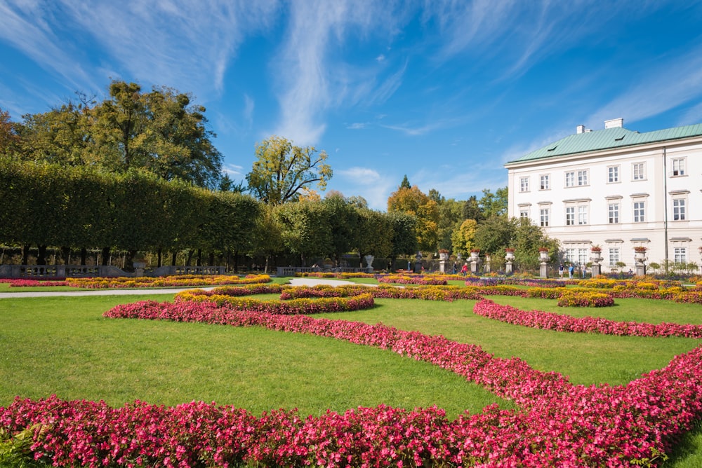 a large white building surrounded by lush green grass