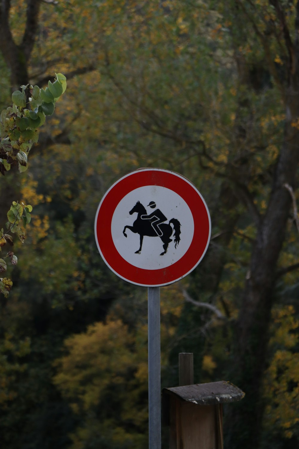 a red and white sign sitting next to a forest