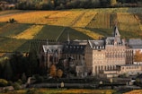 A large, historic building with elaborate architecture is situated amidst sprawling vineyards that display a patchwork of rich autumnal colors. The landscape features meticulously aligned rows of grapevines in shades of green, yellow, and orange, set against a backdrop of lush trees.