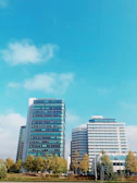 High-rise office buildings in Bangalore with clear blue sky background.