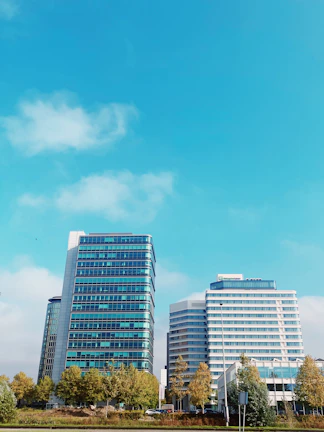 High-rise office buildings in Bangalore with clear blue sky background.