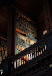brown wooden book shelves in library