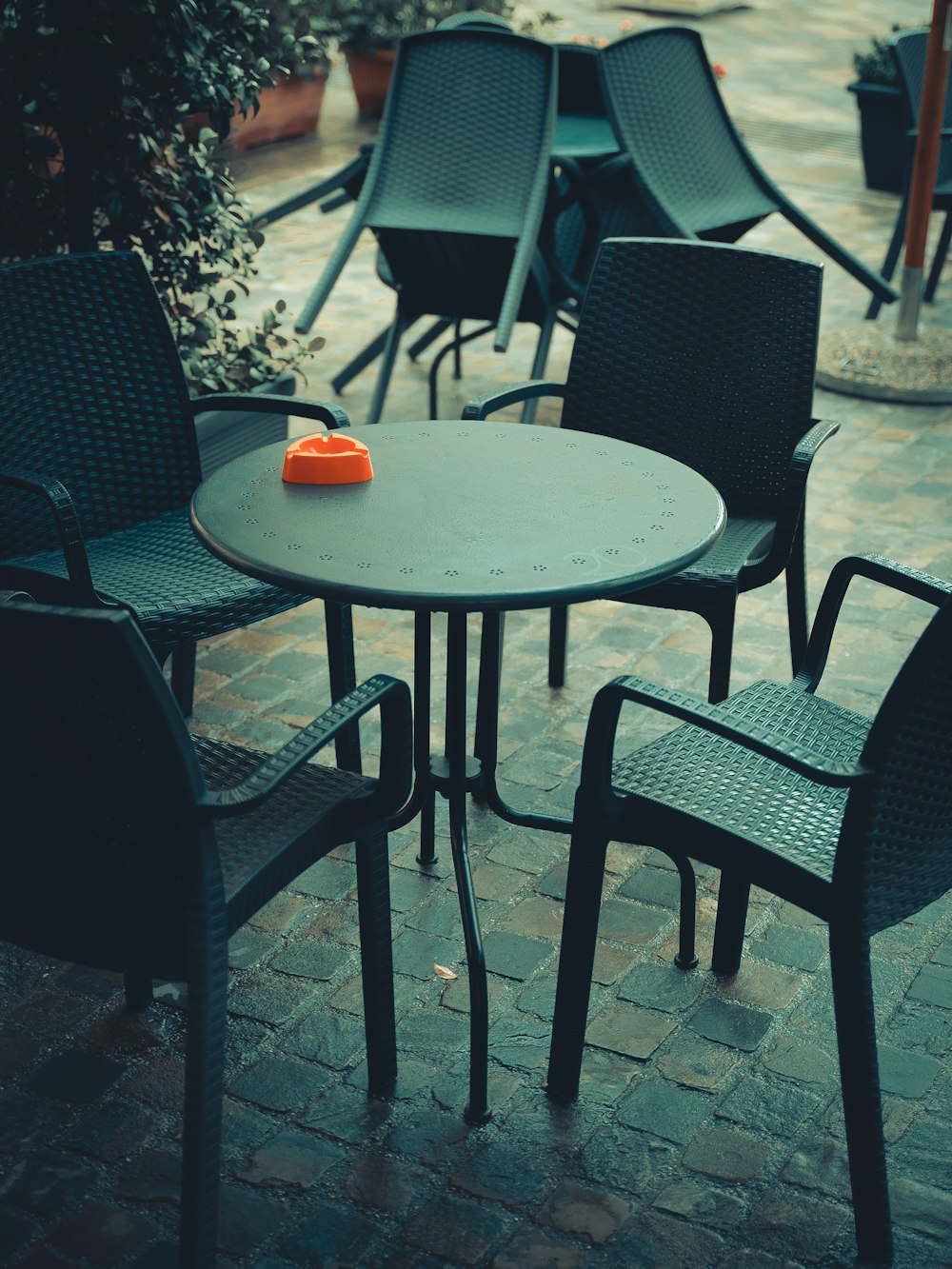 black metal framed gray padded chairs