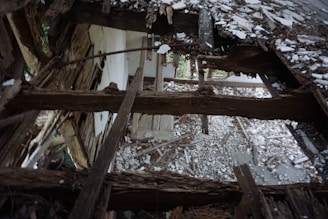 Decaying wooden beams and rubble form the remnants of a collapsed roof, with splintered wood and white debris scattered across the floor, suggesting an abandoned or neglected structure. Light filters through gaps, highlighting the aged, weathered textures.