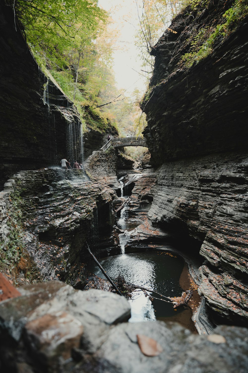 water falls between brown and green rock formation during daytime