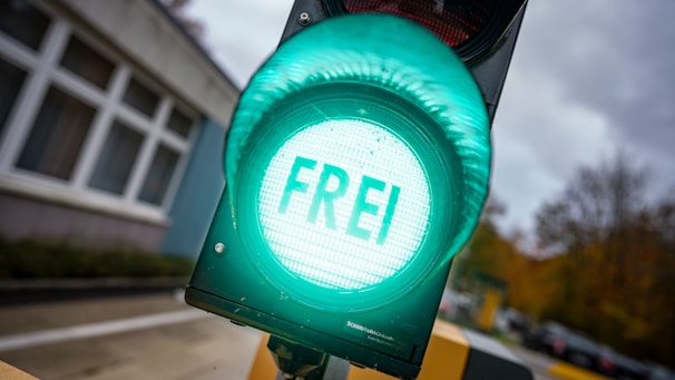 A green traffic light prominently displays the word 'FREI'. The scene is set outdoors, with a blurred background showing a building with windows and parked cars. The overcast sky adds a grey tone to the environment.