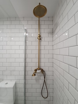 gold shower head on white ceramic bathtub