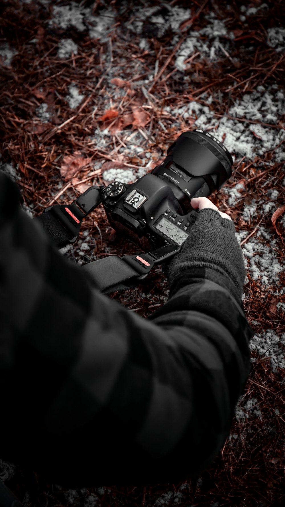 person in black and red jacket holding black dslr camera