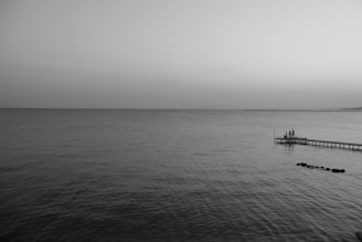 A black and white photograph of a vast ocean with a small pier extending into the water from the right side. A group of people is standing at the end of the pier, gazing out at the calm sea. The sky is clear, adding to the tranquil atmosphere.