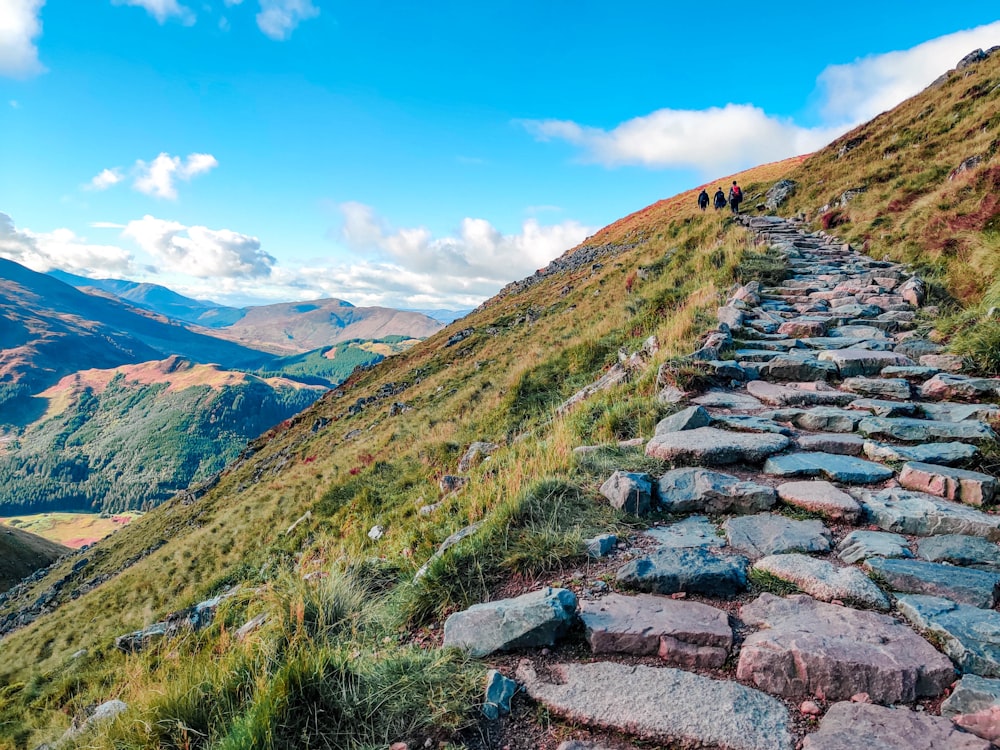 gray rocky pathway on green grass field near mountains under blue sky during daytime