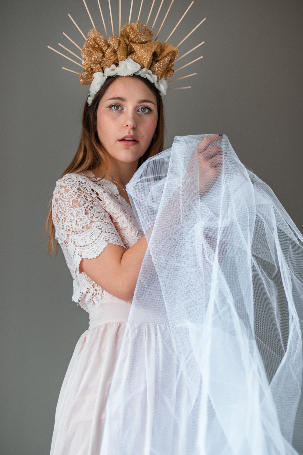 woman in white lace dress