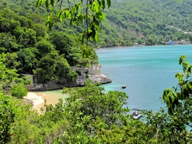 A lush, green landscape surrounds a calm turquoise bay. Dense forested hills rise on both sides, creating a secluded and serene environment. A small sandy beach can be seen through the foliage, with a stone structure nearby. The water is clear and inviting, with a small boat floating near the shore.