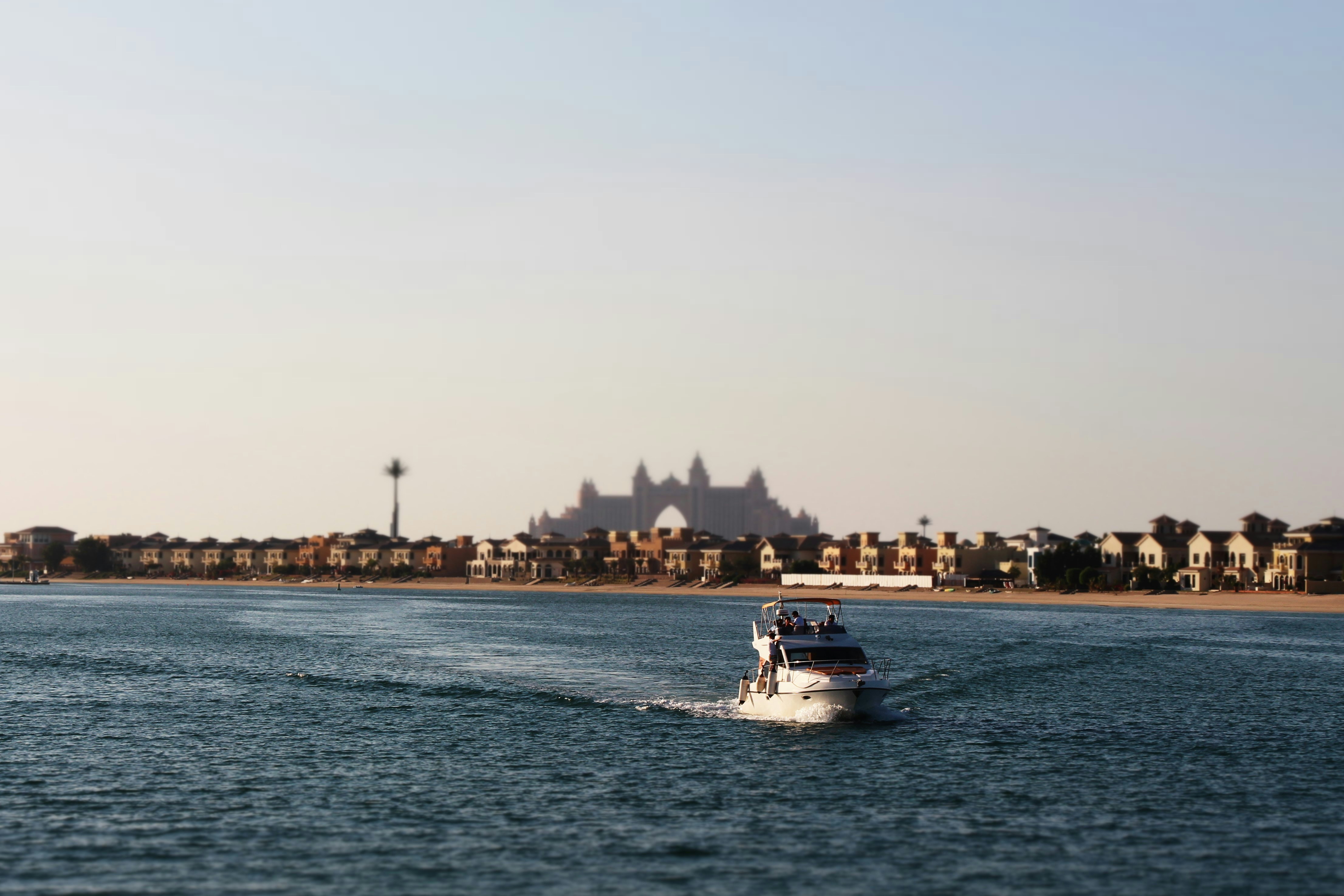 Petit bateau blanc et bleu flottant sur une eau claire en pleine journée