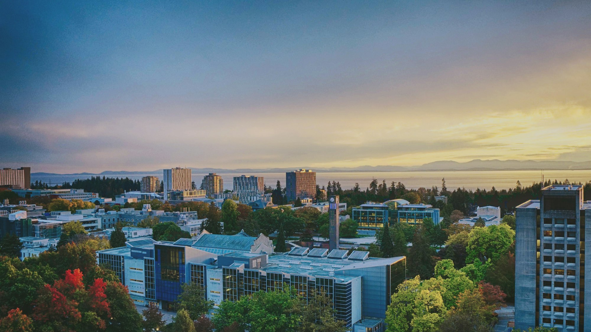 UBC campus, looking towards the Strait of Georgia. Recognizable landmarks in this image include the Irving K. Barber Learning Centre, the Ladner Clock Tower, and Koerner library.
