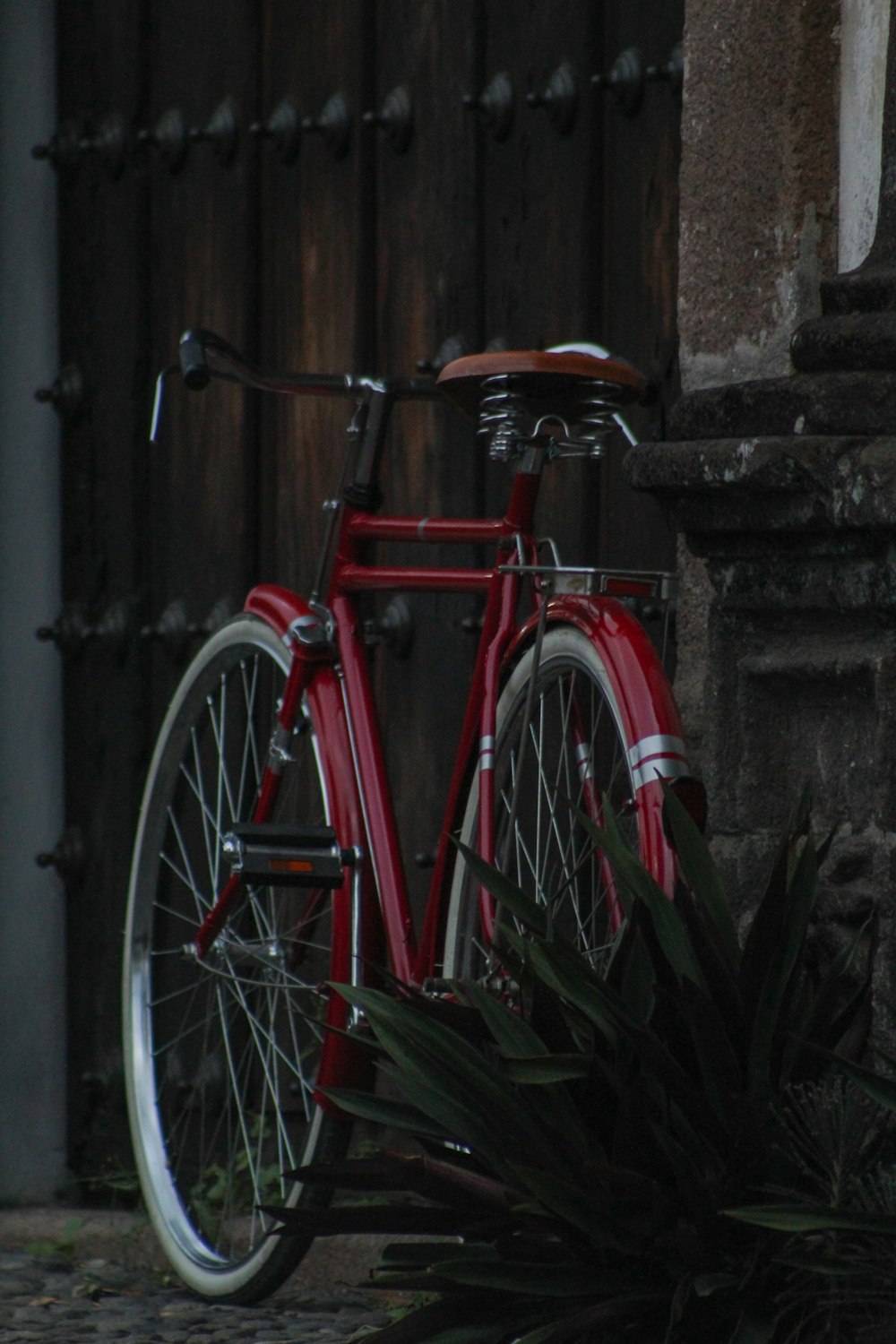 red city bicycle beside green plants