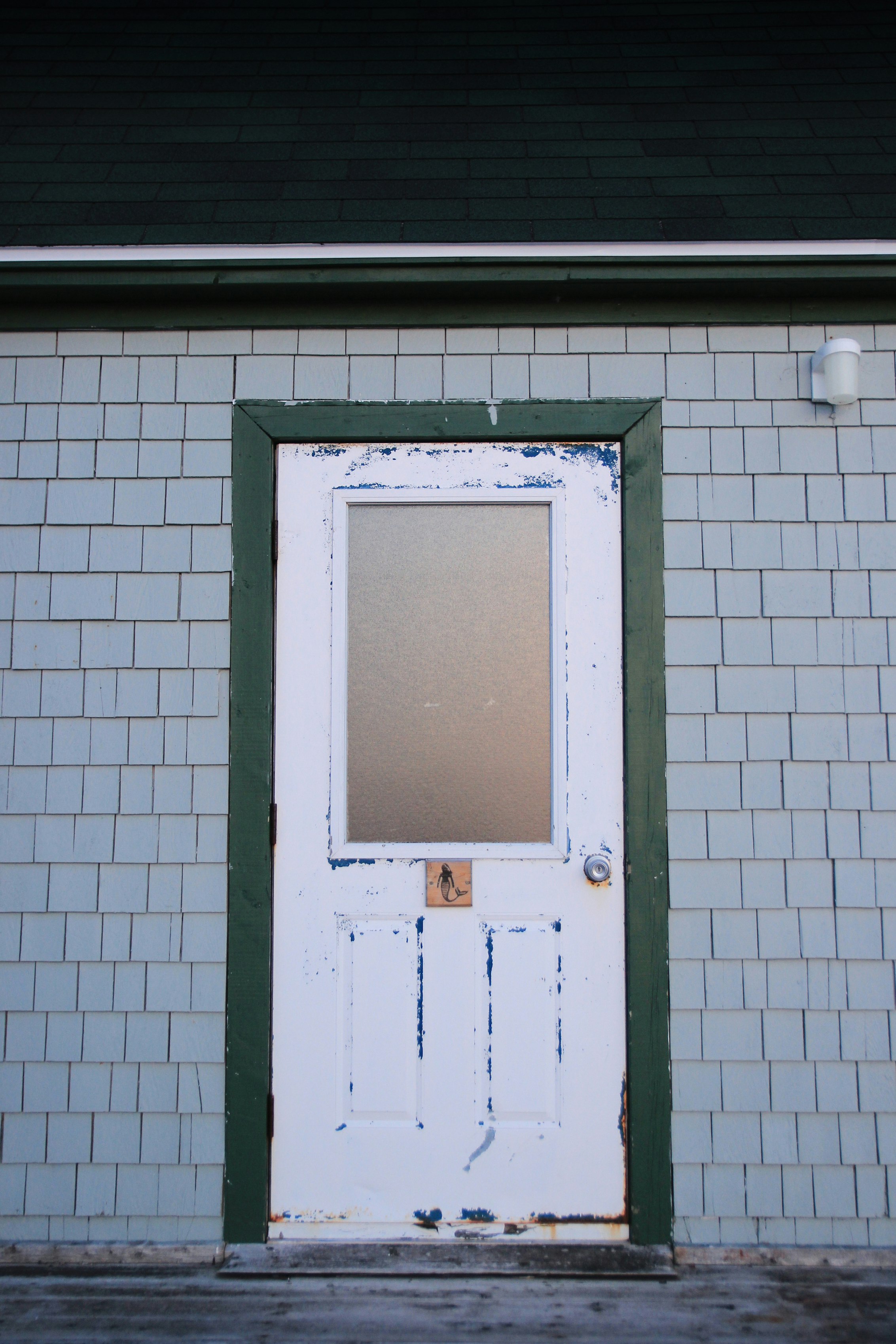 white wooden door on green wall