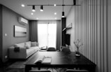 grayscale photo of living room