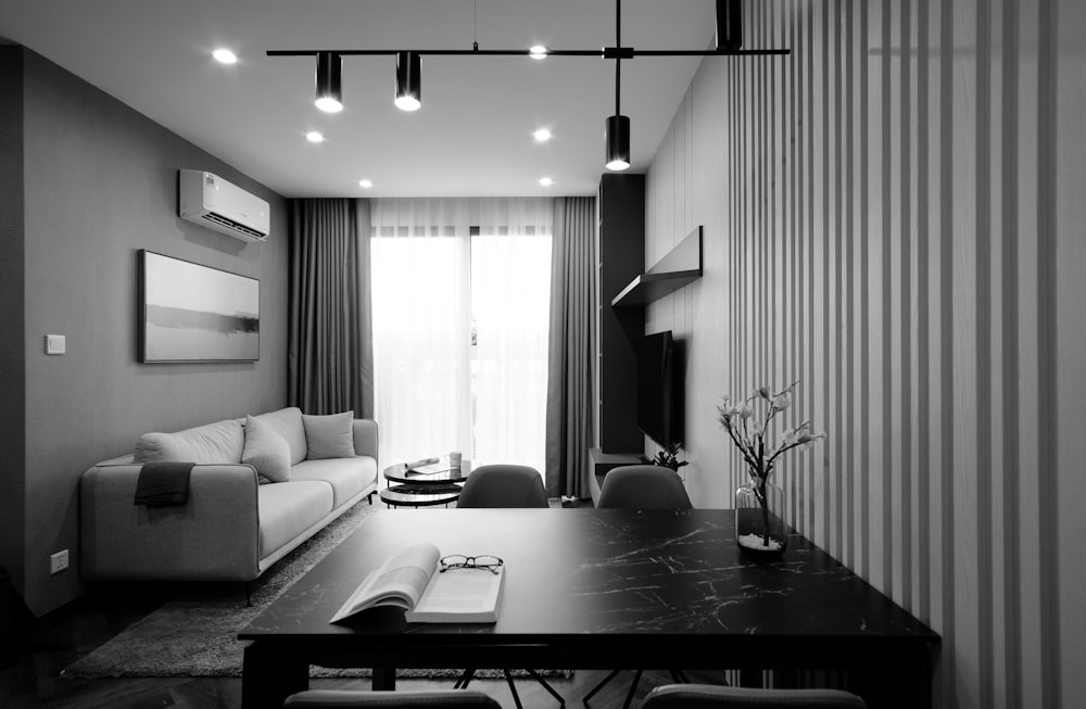 grayscale photo of living room