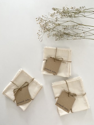 Three neatly folded stacks of beige cloth napkins tied with twine, each with a brown kraft tag labeled 'ernest & lulu.' Above them, delicate sprigs of dried flowers with small white blossoms lay against a neutral background.