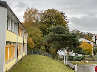 A school or office building with a yellow facade is situated beside a grassy lawn. In the background, there's a mix of green and autumn-colored trees. Overcast skies with a few patches of clouds loom above, creating a slightly overcast ambiance.