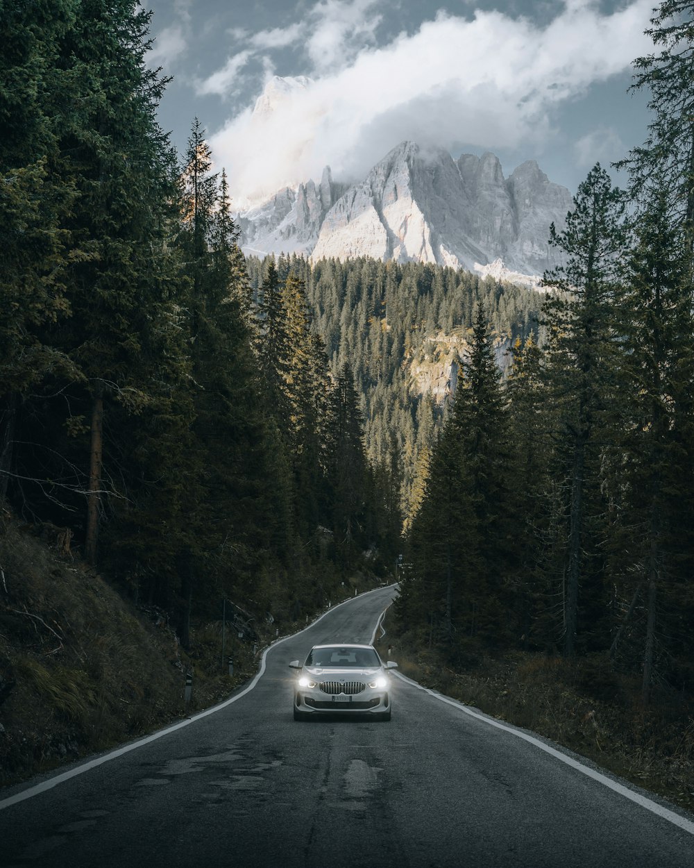 black car on road near green trees and snow covered mountain during daytime