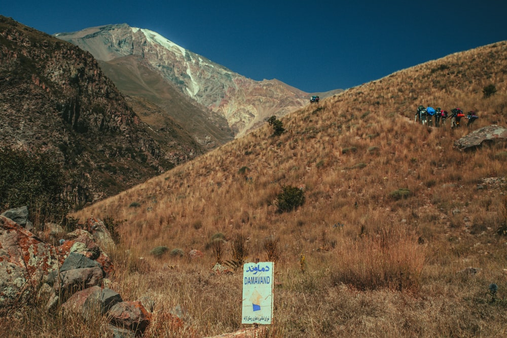 white and yellow signage on brown grass field near mountain under blue sky during daytime