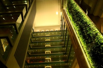 An interior view of a modern building with multiple levels. The design features a vertical garden with lush greenery on one side. The opposite wall contains glass and metal elements, with visible lights that illuminate the structure. The overall architecture is sleek and contemporary.