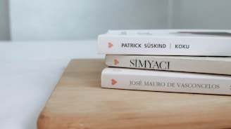 Three books are stacked on a wooden surface, with their spines partially visible. The names on the spines suggest they are foreign language books. Light colors dominate the scene, giving it a clean and minimalistic look.