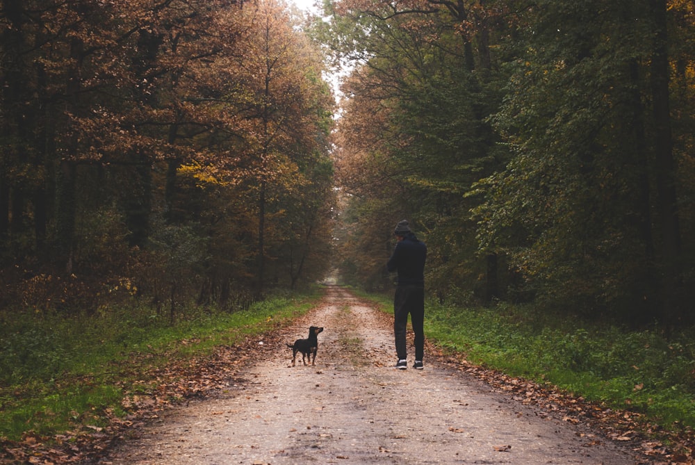 Hombre en chaqueta negra caminando por el camino entre árboles verdes durante el día