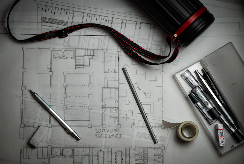Planos de arquitectura con lápices y una regla