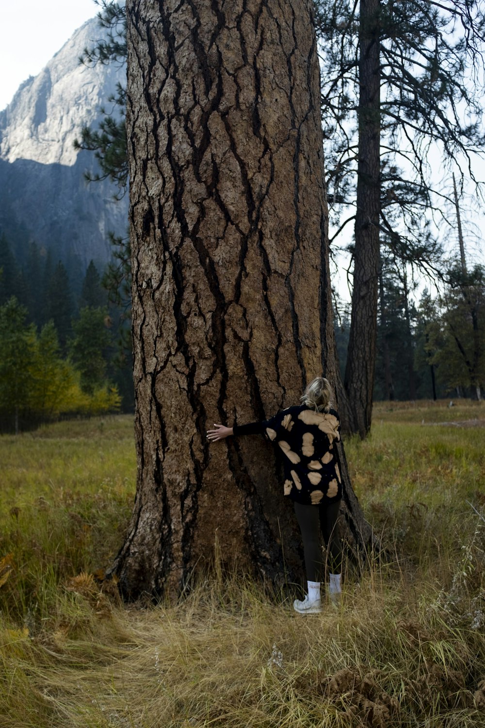 woman in black and white polka dot dress standing beside brown tree during daytime