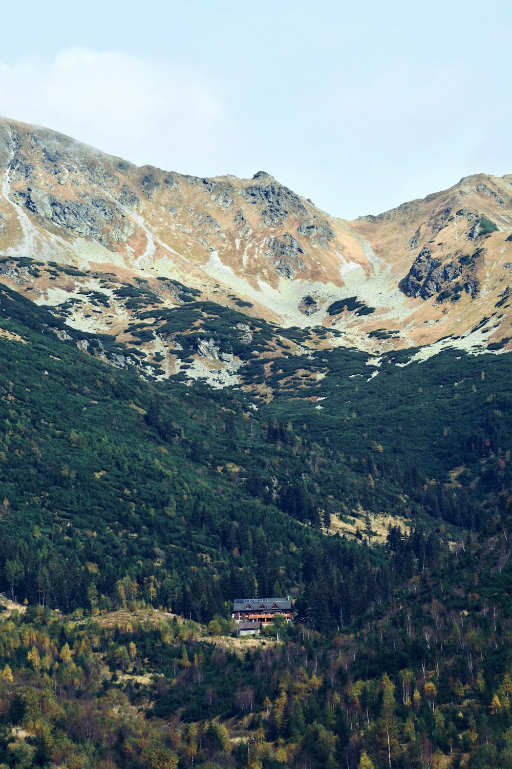 산 꼭대기에 있는 빨간색과 흰색 집