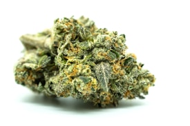 A close-up of a cannabis bud, displaying a dense cluster of green leaves intertwined with orange pistils and covered with a layer of trichomes that gives a frosty appearance.