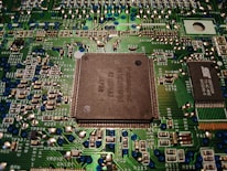Close-up of a high-end computer motherboard with intricate circuits.