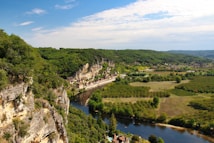 A picturesque landscape with lush greenery and dense forests surrounding a meandering river. On one side, a cliff with trees atop overlooks a charming village nestled in the valley. Fields and orchards are visible across the landscape, adding to the sense of tranquility and natural beauty.