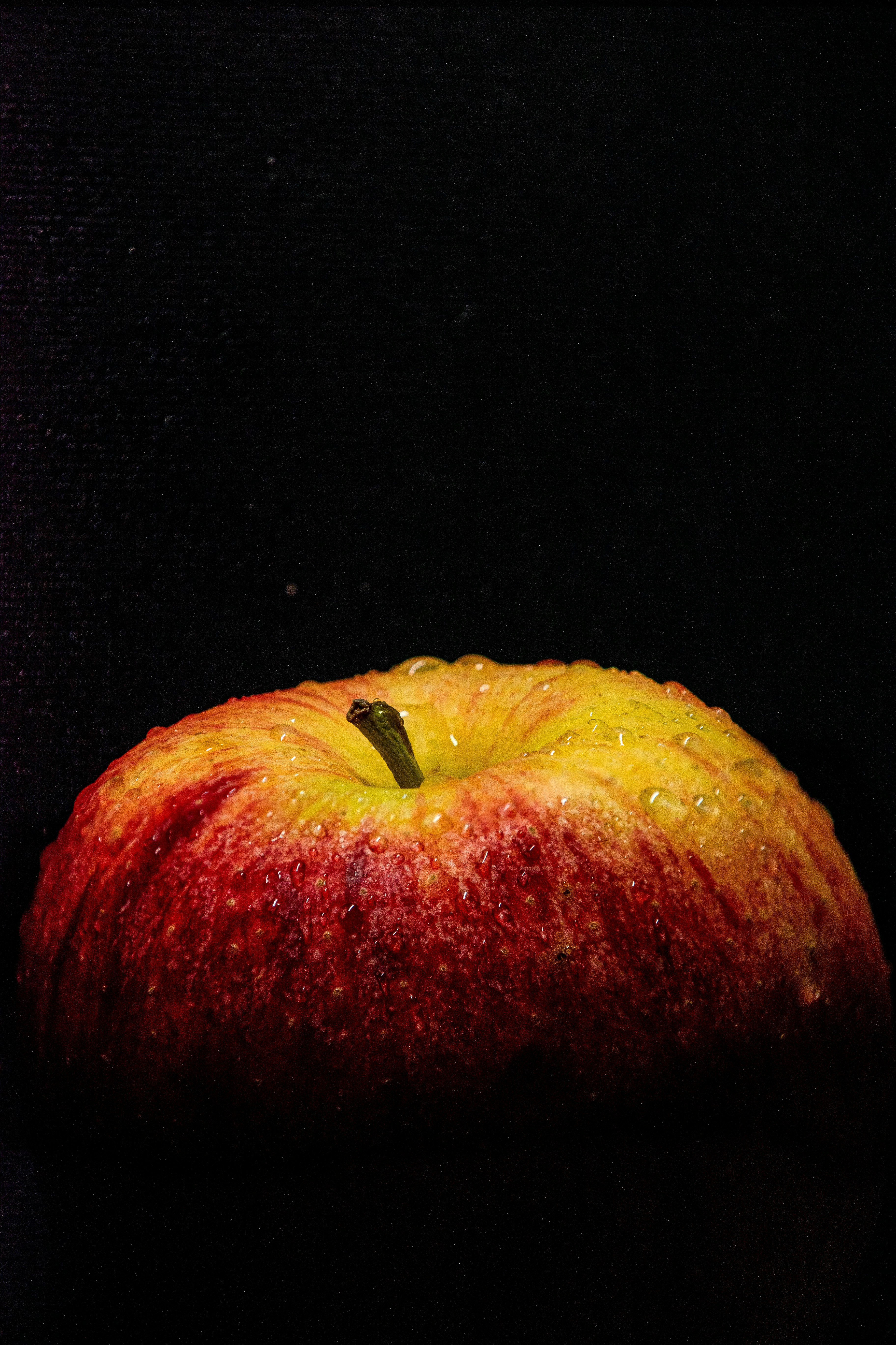 A bright red yellow apple, wet with dew, on a dark black background.