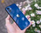 A hand is holding a blue smartphone with a shiny Apple logo on the back. The device has dual cameras and is set against a blurred background of white and pink flowers and green foliage.