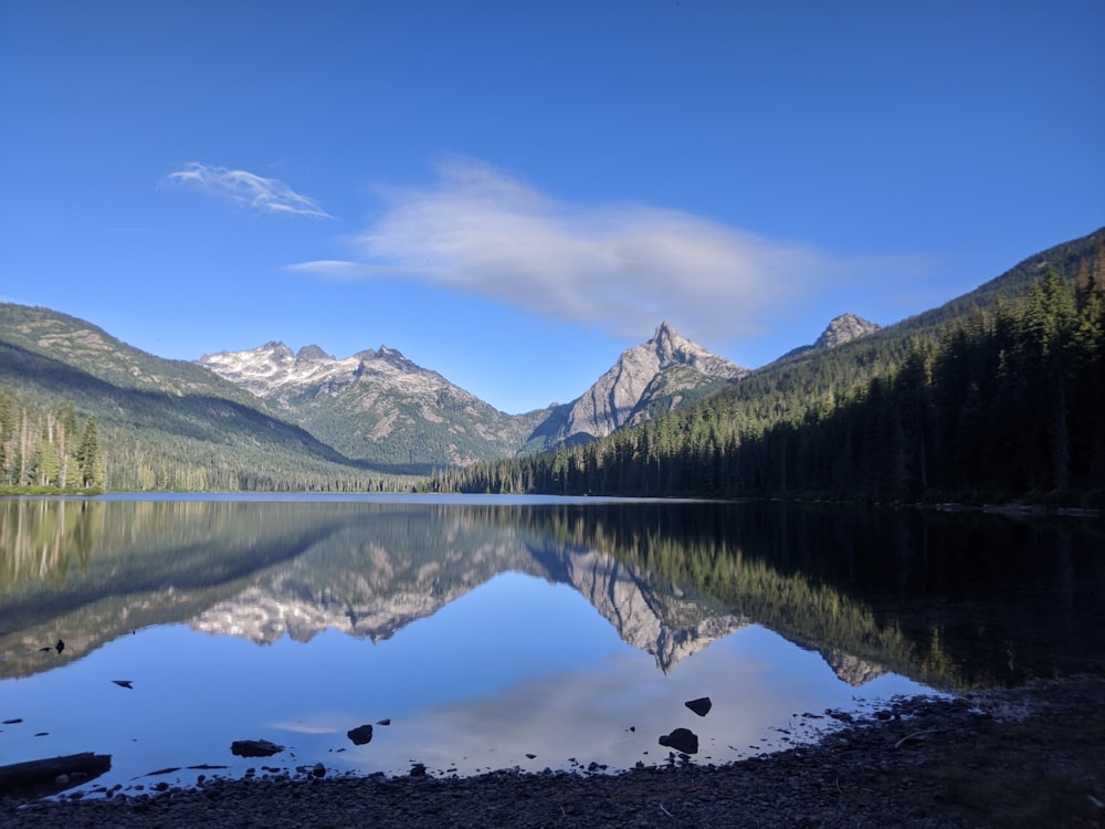 lago cerca de árboles verdes y montaña bajo el cielo azul durante el día